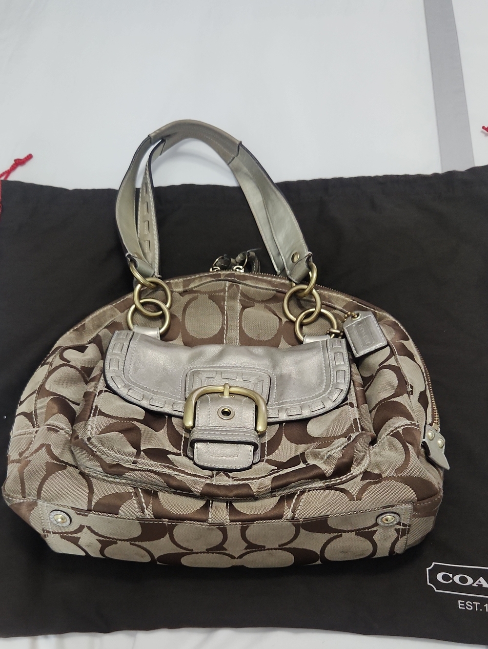Coach Brown and Beige Signature Shoulder Bag with Metallic Trim